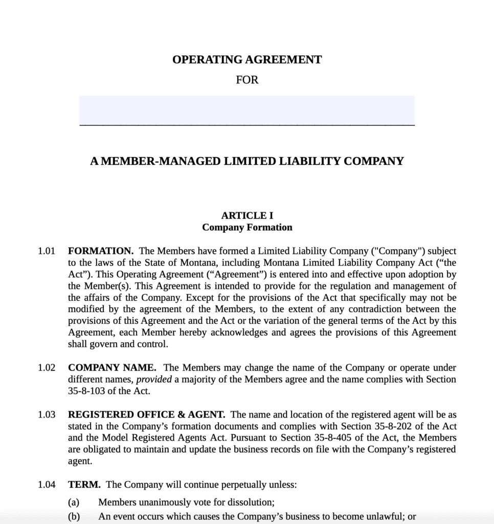 Montana operating agreement