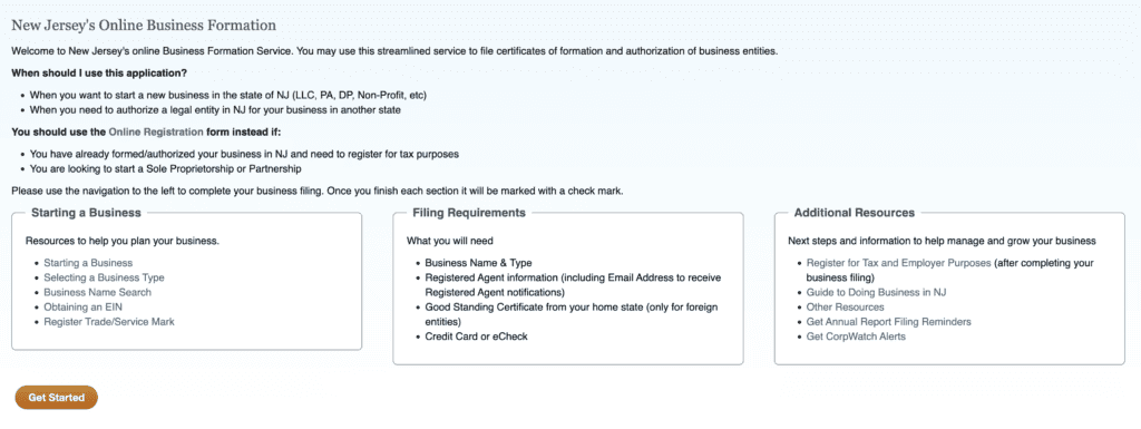 NJ business formation