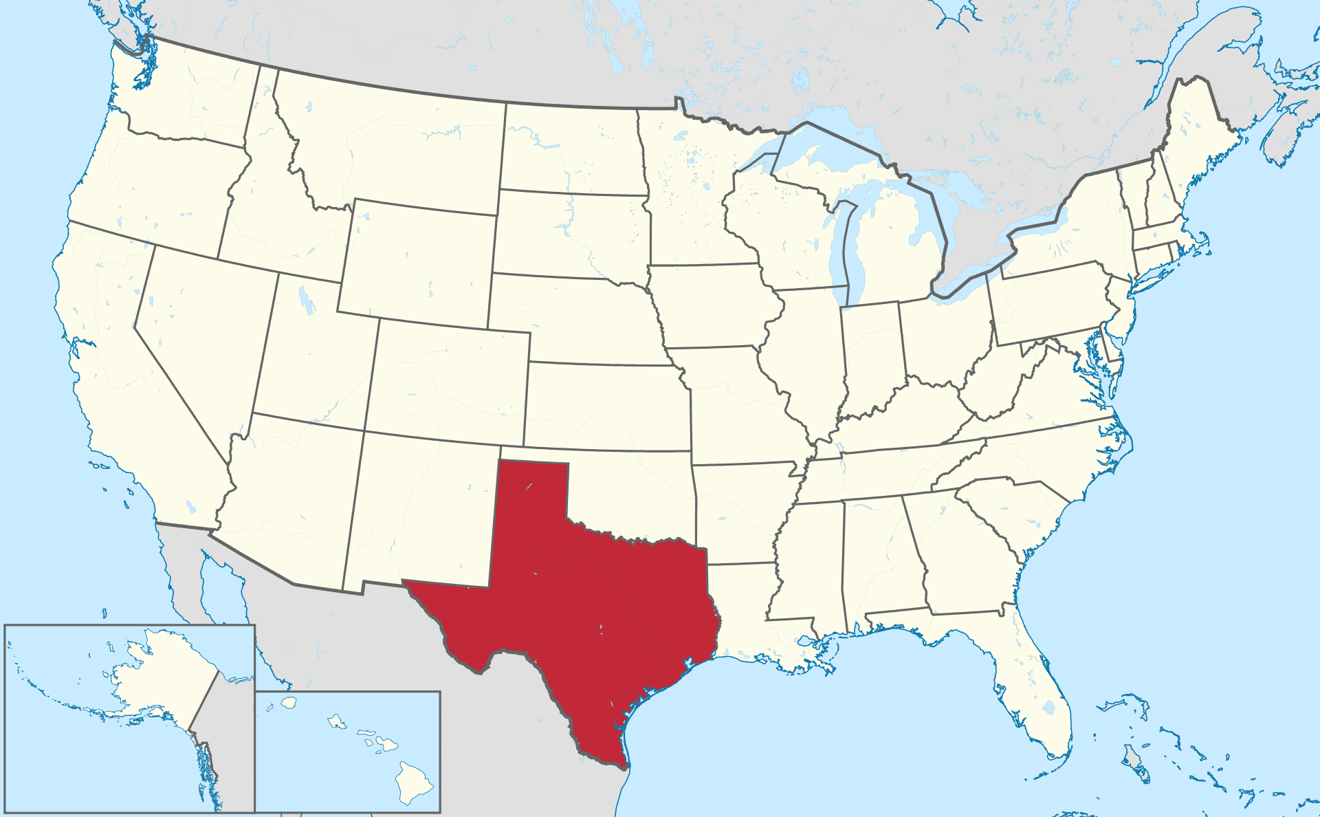 Map of USA with Texas highlighted in red