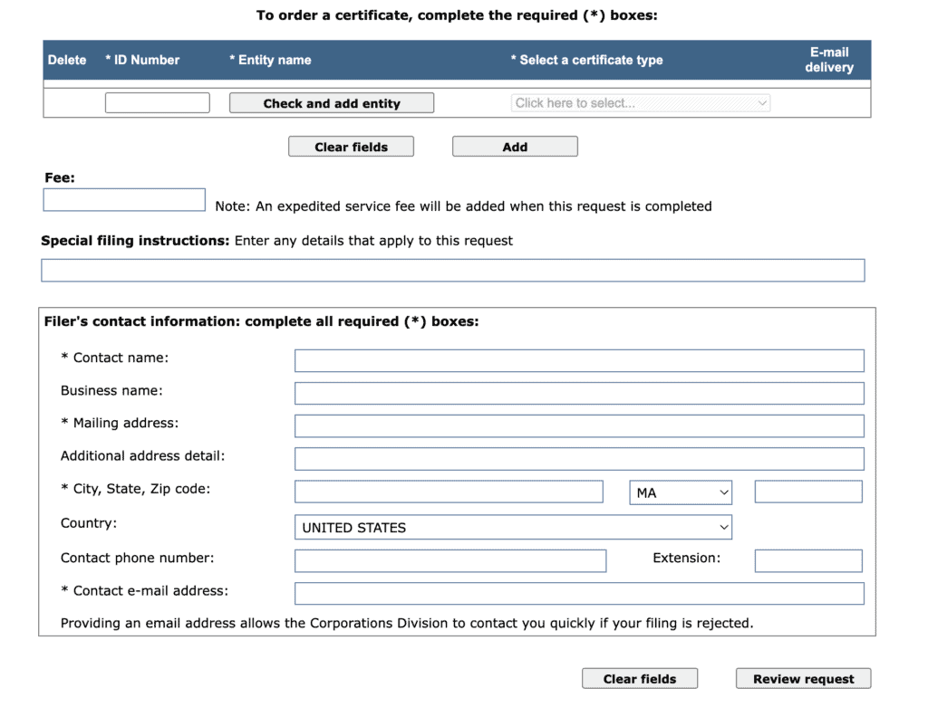 ordering LLC certificate in MA