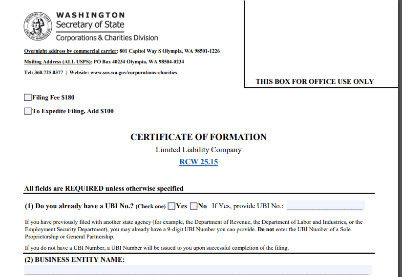 Certificate of formation in WA