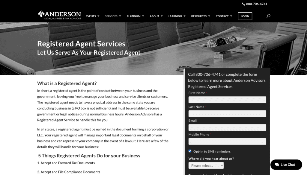 Anderson legal registered agent service